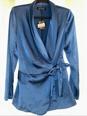 Blue Satin Wrap Blazer with Self-Tie Waist - Pant Set
